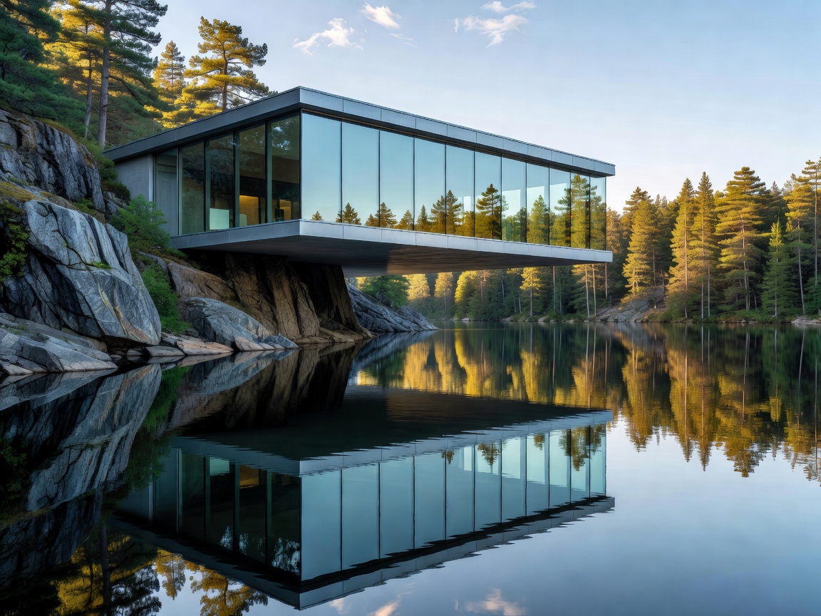 Lakeside Mirror Cabin reflecting calm sub-arctic waters