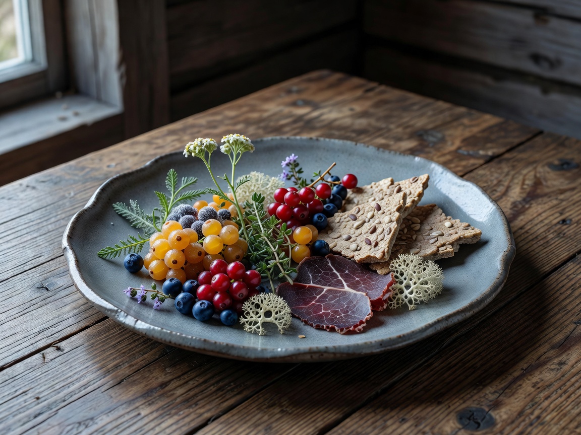 Nordic wild culinary tasting plate with foraged herbs and arctic berries