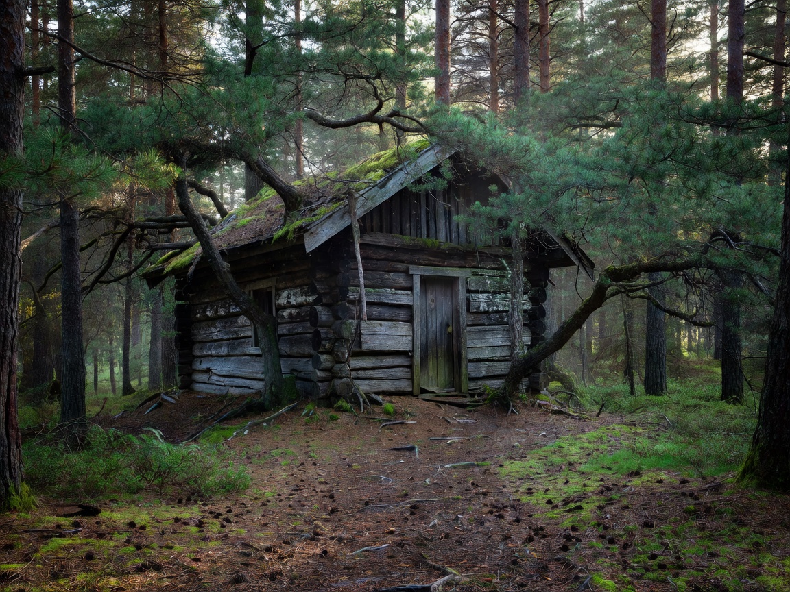 Old Pine Hermitage hidden deep in a dense Swedish pine forest