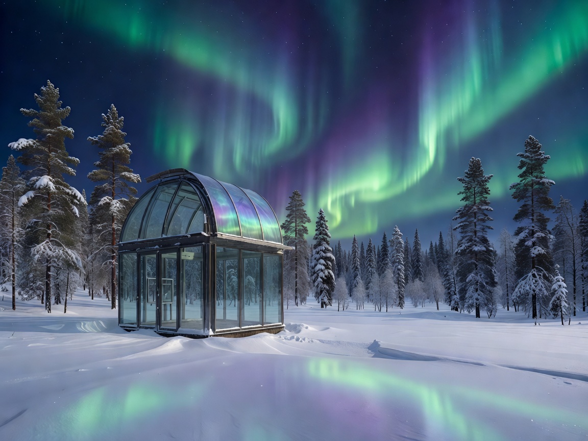 Aurora Observatory glass cabin under the evening sky surrounded by pine trees