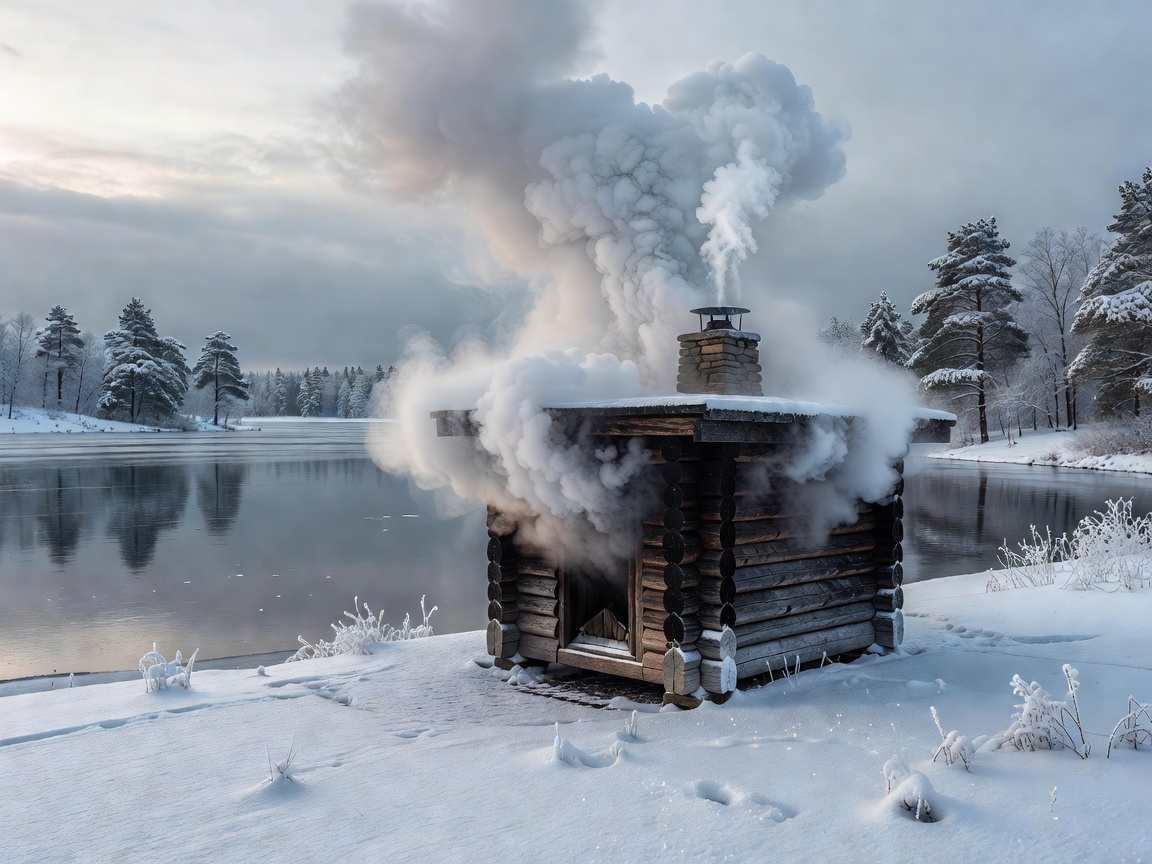 Wood-fired lakeside sauna with steam rising into cold winter air